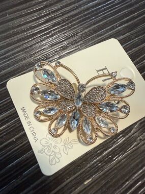 Ellas Butterfly Brooch Pin - Gold Tone with Clear Stones